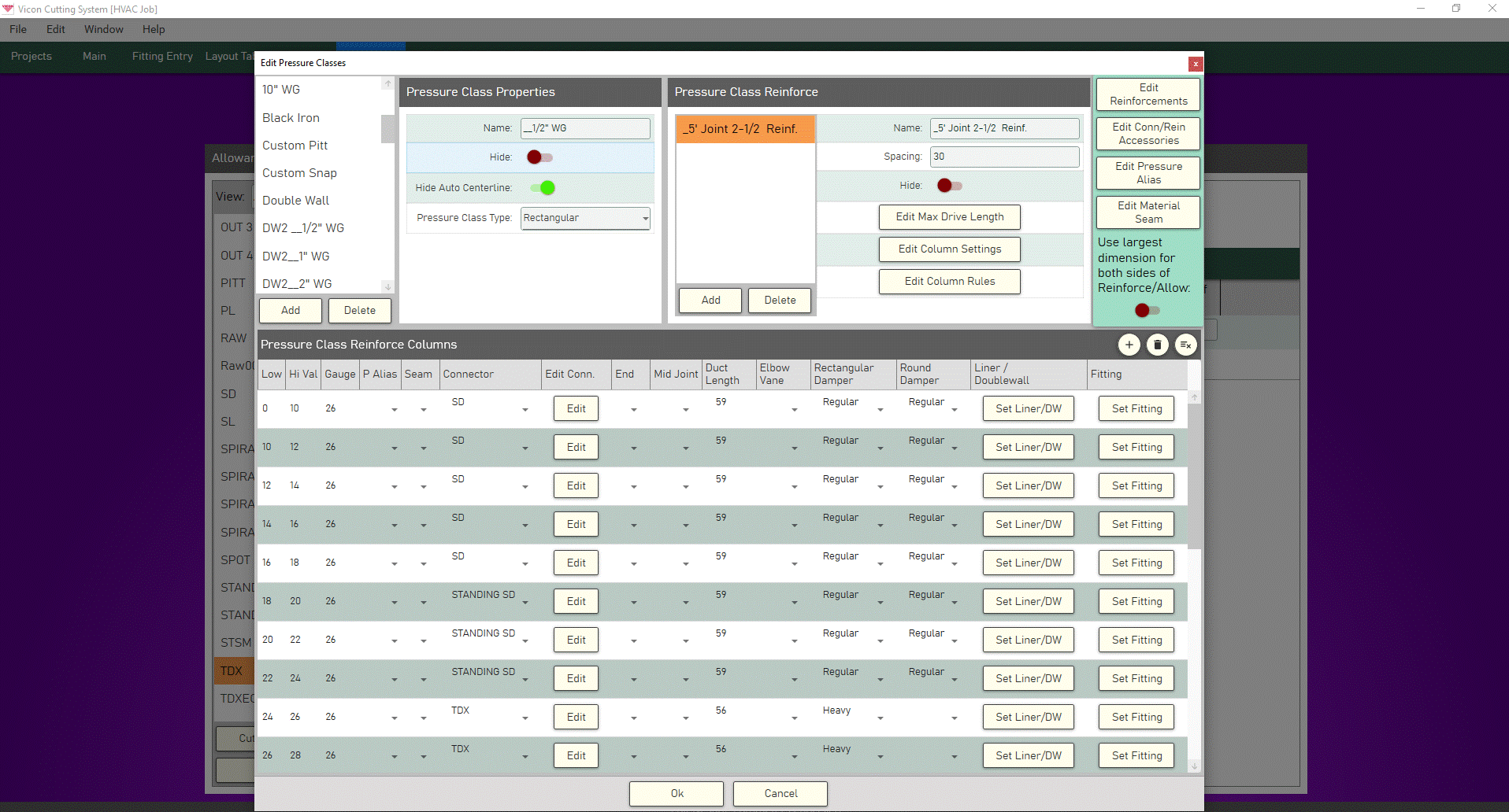 Vicon HVAC Software Pressure Classes Screen Vicon HVAC Software Pressure Classes Screen